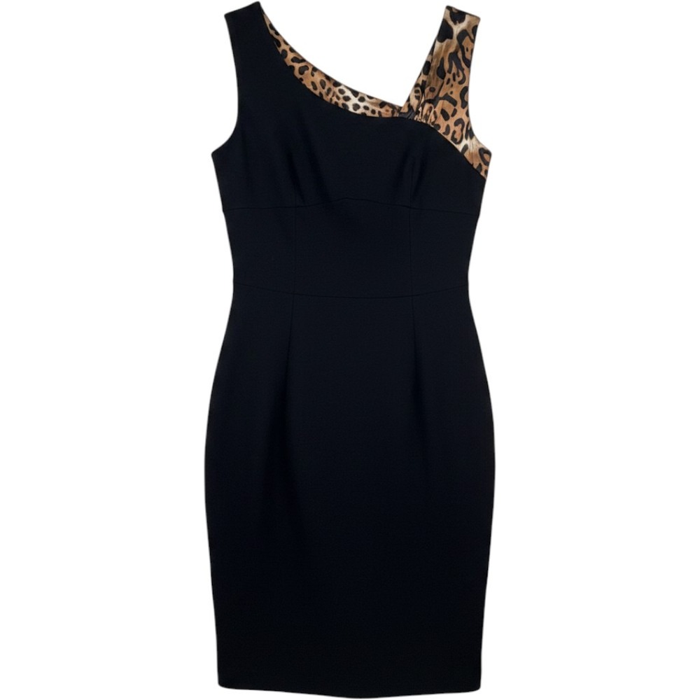 Cache Sheath Dress Size 8 Black Leopard Trim Asymmetrical Neckline